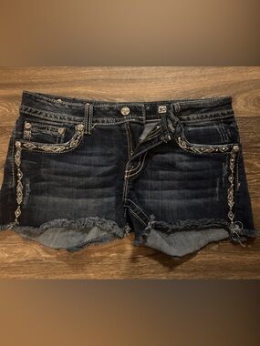 Miss Me Dark Blue Embroidered Frayed Denim Shorts size 30